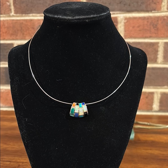 Sterling Silver Stone inlay Slide Pendant on 925 wire choker Necklace. - Picture 3 of 9